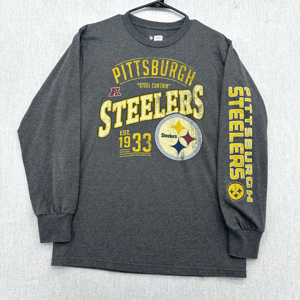 Pittsburgh Steelers Long Sleeve T-Shirt Mens Medium Gray Steel Curtain Graphic